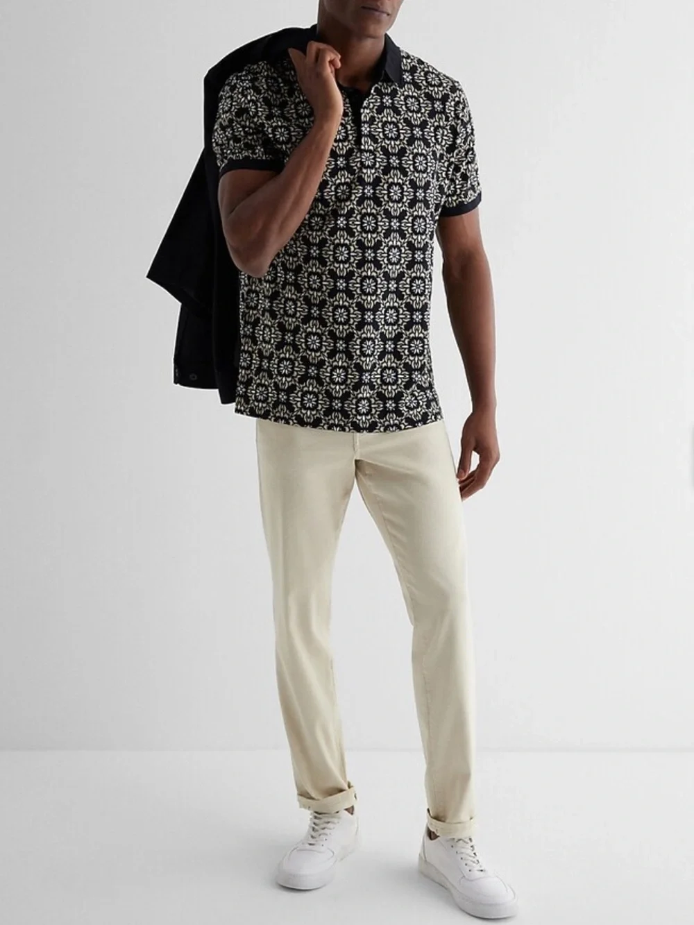 🇺🇸 Express Polo XL Black Geometric White Beige Geo Perfect Pima Cotton Stretc - Picture 4 of 16